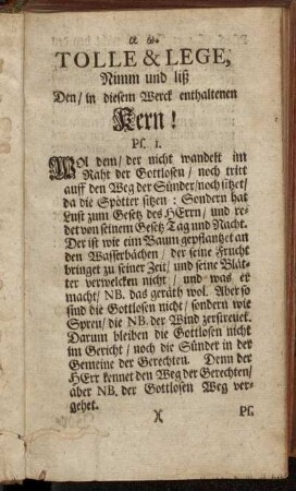Tolle & Lege, Nimm und liß Den/ in diesem Werck enthaltenen Kern!