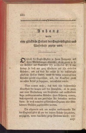 Anhang worin eine glückliche Heilart der Engbrüstigkeit und Wassersucht gezeigt wird