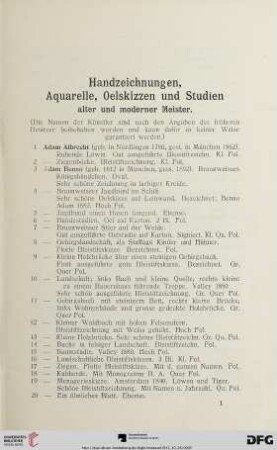 Handzeichnungen, Aquarelle, Oelskizzen u. Studien alter und moderner Meister (Nr. 1-231)