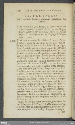 Lettre LXXXIV [i.e. LXXXV]. Au vénerable Moufti, principal Protecteur des Sciences