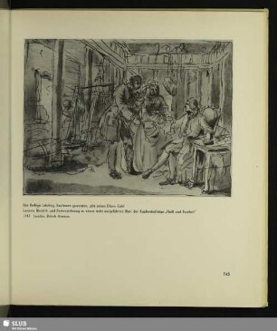 Der fleißige Lehrling, Kaufmann geworden, gibt seinen Eltern Geld. Lavierte Bleistift- und Federzeichnung zu einem ausgeführten Blatt der Kupferstichfolge „Fleiß und Faulheit“, 1747