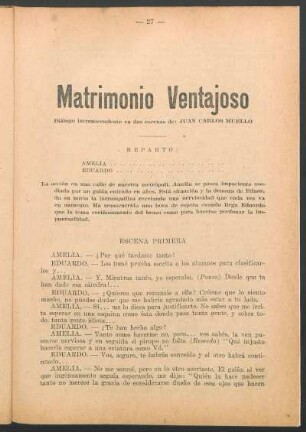 Matrimonio ventajoso : diálogo intrascendente en dos escenas