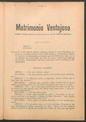 Matrimonio ventajoso : diálogo intrascendente en dos escenas