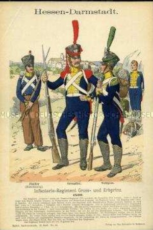 Uniformdarstellung, Füsilier im Marschanzug, Grenadier und Voltigeur der Infanterie, Großherzogtum Hessen-Darmstadt, 1809.