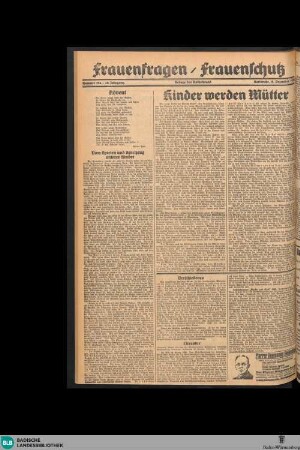 Der Volksfreund : Tageszeitung für das werktätige Volk Mittelbadens, Frauenfragen / Frauenschutz