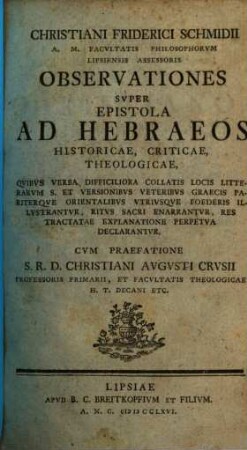 Observationes super epistolae ad Hebraeos historicae, criticae, theologicae