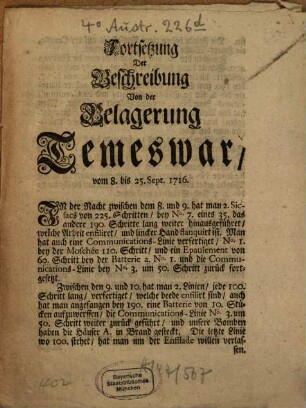Fortsetzung der Beschreibung Von der Belagerung Temeswar : vom 8. bis 25. Sept. 1716