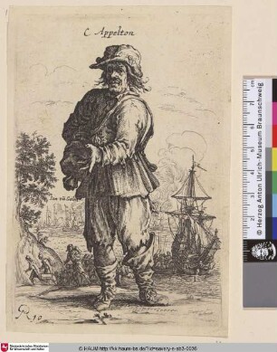 [Mann vor einer Seeschlacht-Szene stehend; Man standing before a naval battle]