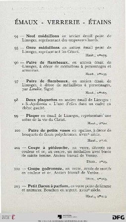 Émaux – Verrerie – Étains (Nr. 94-123)