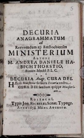 Decuria Anagrammatum ad Reverendum ap. Rostochienses Ministerium