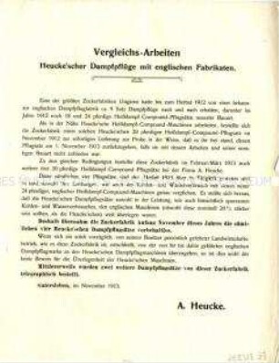 Vergleiche von Pflugarbeitsleistungen der Pflüge der Firma Heucke mit englischen Fabrikaten