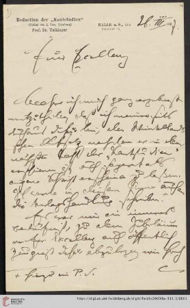 Briefe von Hans Vaihinger an Kuno Fischer: Brief von Hans Vaihinger an Kuno Fischer