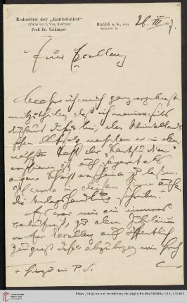 Briefe von Hans Vaihinger an Kuno Fischer: Brief von Hans Vaihinger an Kuno Fischer