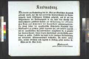 Maueranschlag: Bekanntmachung der Auflösung des politischen Zentralkomitees der Nationalgarde; Wien, 21. Mai 1848