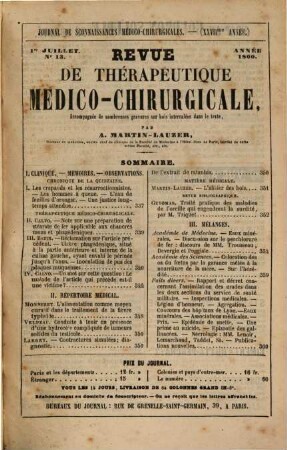 Revue de thérapeutique medico-chirurgicale. 1860,2, 1860,[2] = No. 13/24. - S. 337 - 672