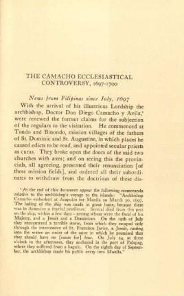 The Camacho ecclesiastical controversy, 1697-1700