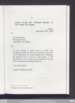 I Letter From Mr. William Brodie To The Pasha Of Adalia.