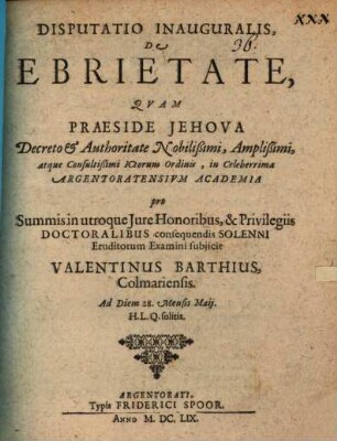 Disputatio Inauguralis, De Ebrietate