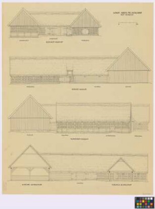 Lomp (Landkreis Preußisch Holland): Heinrich. - Schweinestall (Süd-West-Giebel-Ansicht, Nord-West-Seiten-Ansicht). - Durchfahrt (Süd-West-Seiten-Ansicht). - Pferdestall (Süd-West-Giebel-Ansicht, Süd-Ost-Seiten-Ansicht, Nord-West-Seiten-Ansicht). - Kuhstall (Süd-Ost-Seiten-Ansicht, [Nord-West-]Seiten-Ansicht). - Scheune (Nord-West-Giebel-Ansicht, Süd-Ost-Giebel-Ansicht, Querschnitt). - Torhaus (Querschnitt)