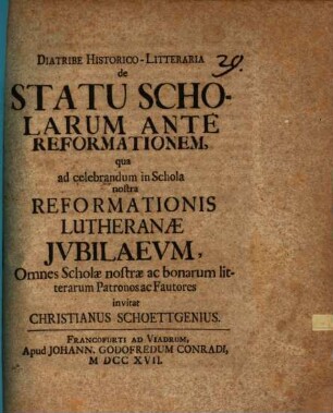 Diatribe hist. lit. de statu scholarum ante Reformationem