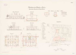 Kinderklinik der Charité, Berlin: Lageplan 1:500. Quarantäne-Baracke: Grundriss Kellergeschoss, Erdgeschoss, Querschnitt, Vorderansicht. Stallgebäude: Grundriss, Querschnitt, Vorderansicht. 1:100