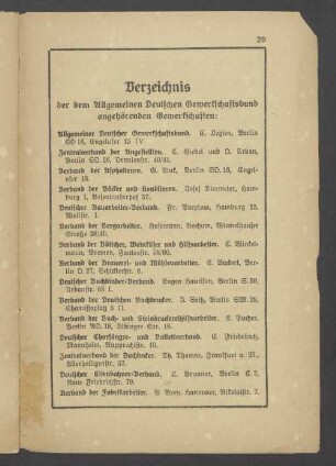 Verzeichnis der dem Allgemeinen Deutschen Gewerkschaftsbund angehörenden Gewerkschaften