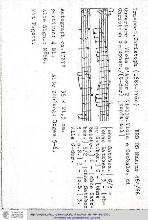 Ouverture a Viola d'Amour 2 Violin. Viola e Cembalo. di Christoph / Graupner.