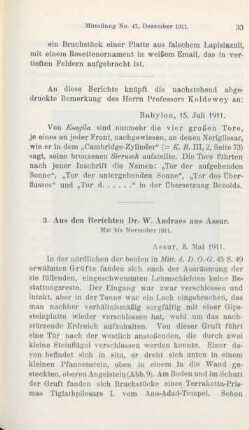 3. Aus den Berichten Dr. W. Andraes aus Assur