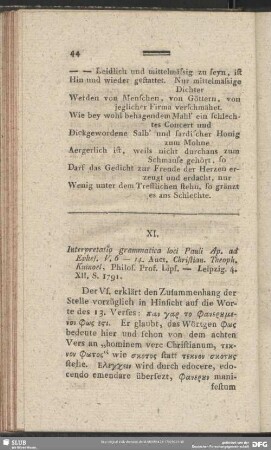 XI. Interpretatio grammatica loci Pauli Ap. ad Ephes. V, 6 - 14. Auct. Christian. Theoph. Kuinoel, Philos. Prof. Lips. - Leipzig. 4. XII. S. 1791.