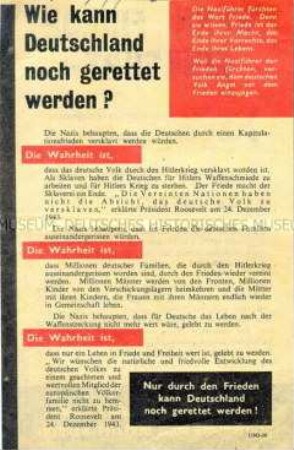 Abwurf-Flugblatt der Alliierten mit der Aufforderung zur Beendigung des Krieges