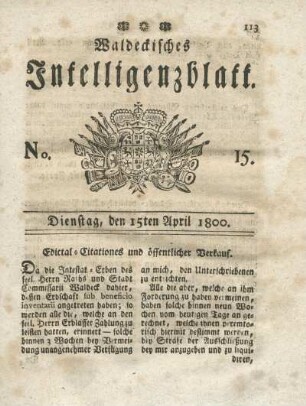 No. 15, Dienstag, den 15ten April 1800
