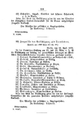 Zeugnisse der Befähigung als Turnlehrer : [IV. Seminarien, Bildung der Lehrer und deren persönliche Verhältnisse]