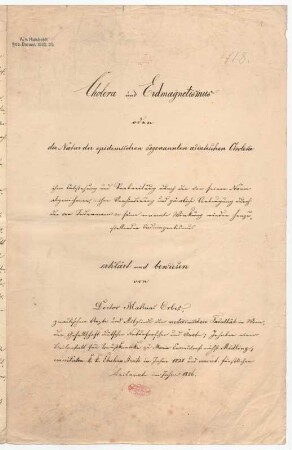"Cholera und Erdmagnetismus oder die Natur der epidemischen sogenannten asiatischen Cholera"