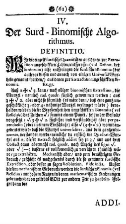 IV. Der Surd. Binomische Algorithmus