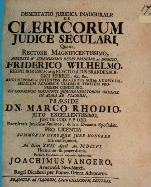 Dissertatio Juridica Inauguralis De Clericorum Judice Seculari