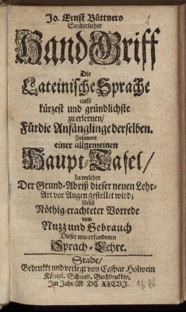 Jo. Ernst Büttners Sonderlicher HandGriff Die Lateinische Sprache aufs kürzest und gründlichste zu erlernen/ Für die Anfänglinge derselben : Zusammt einer allgemeinen Haupt-Tafel/ In welcher Der Grund-Abriß dieser neuen Lehr-Art vor Augen gestellet wird ; Nebst Nöthig-erachteter Vorrede vom Nuzz und Gebrauch Dieser neu-erfundenen Sprach-Lehre
