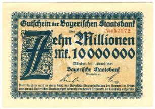 Geldschein / Notgeld, 10 Millionen Mark, 1.8.1923