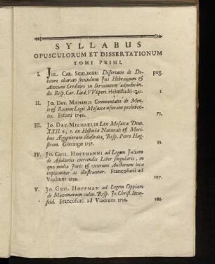 Syllabus Opusculorum et Dissertationum Tomi Primi.
