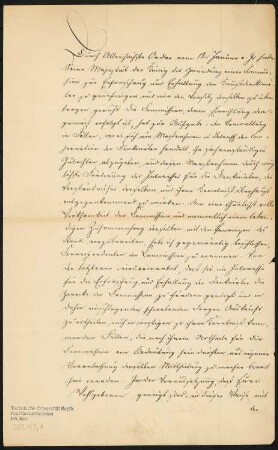 Schriftstück an den Königlichen Regierungs- und Baurat Salzenberg vom 15. August 1854: Schreiben an Salzenberg in Erfurt, zwei Seiten mit Prägestempel