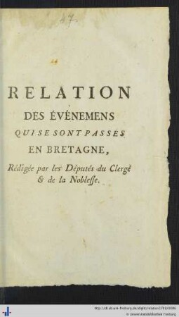Relation des Evénemens Qui Se Sont Passés En Bretagne