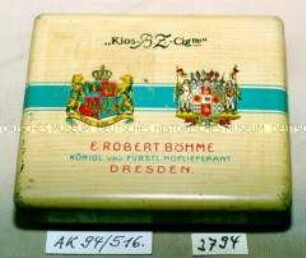 Blechdose für 20? Stück "'Kios-B.Z.-CIGTTE' E.ROBERT BÖHME, DRESDEN" (Abbildung zweier gekrönter Wappen)