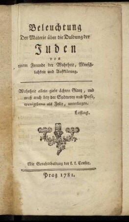Beleuchtung Der Materie über die Duldung der Juden