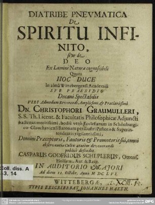 Diatribe Pneumatica De Spiritu Infinito : sive de Deo Ex Lumine Naturae cognoscibili