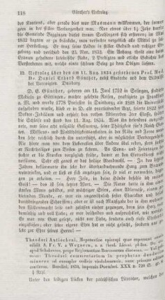 118 "Nekrolog über den am 11. Aug. 1834 gestorbenen Prof. Med. Dr. Daniel Erhard Günther, nebst Grabrede und dem Bildnisse des Verewigten"
