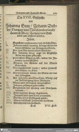 Die XVIII. Geschicht. von Johanna Gray, Johann Dudley, Hertzog von Northumberland, Heinrich Gray, Hertzog von Suffolck, und Gilford Dudley