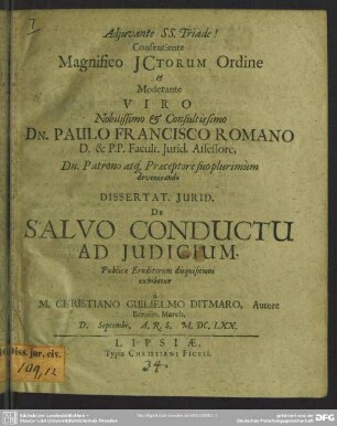 Dissertatio de salvo conductu ad judicium