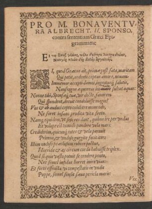 Pro M. Bonaventura Albrecht, II. Sponso, contra sententiam Graeci Epigrammatis:
