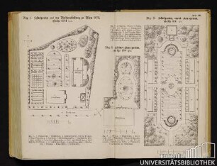 Tafel VII. Fig. 1. Schulgarten an der Weltausstellung zu Wien 1873, Größe 2761 qm. Fig. 2. Schulgarten, event. Hausgarten, Größe 880 qm. Fig. 3. Kleiner Hausgarten, Größe 188 qm.