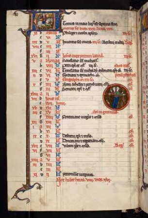 Kalendar, Monat Mai: Kalendartafel mit Abfolge der Goldenen Zahl, Sonntagsbuchstabe, Römischer Kalender und Gedenktagen. Zierinitiale: KL (Kalendae), Monatsbild: Beizjagd, Sternbild: Zwilling