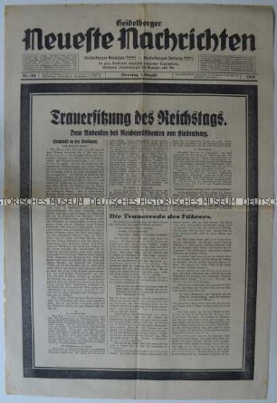 Titelseite der Tageszeitung "Heidelberger Neueste Nachrichten" mit Titel zur Reichstagssitzung anlässlich des Todes Paul von Hindenburgs